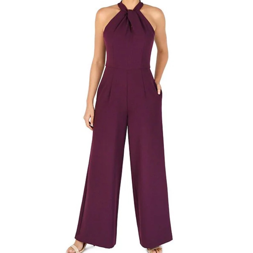 Julia Jordon Halter Twist Neck Sleeveless Pocketed Jumpsuit Wide leg Plum 14 nwt